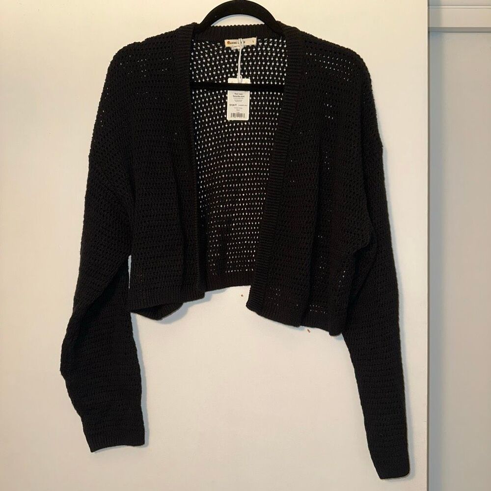 Marine Layer Women’s Large Anapaca Cardigan Sweater Solid Black Open Knit NWT